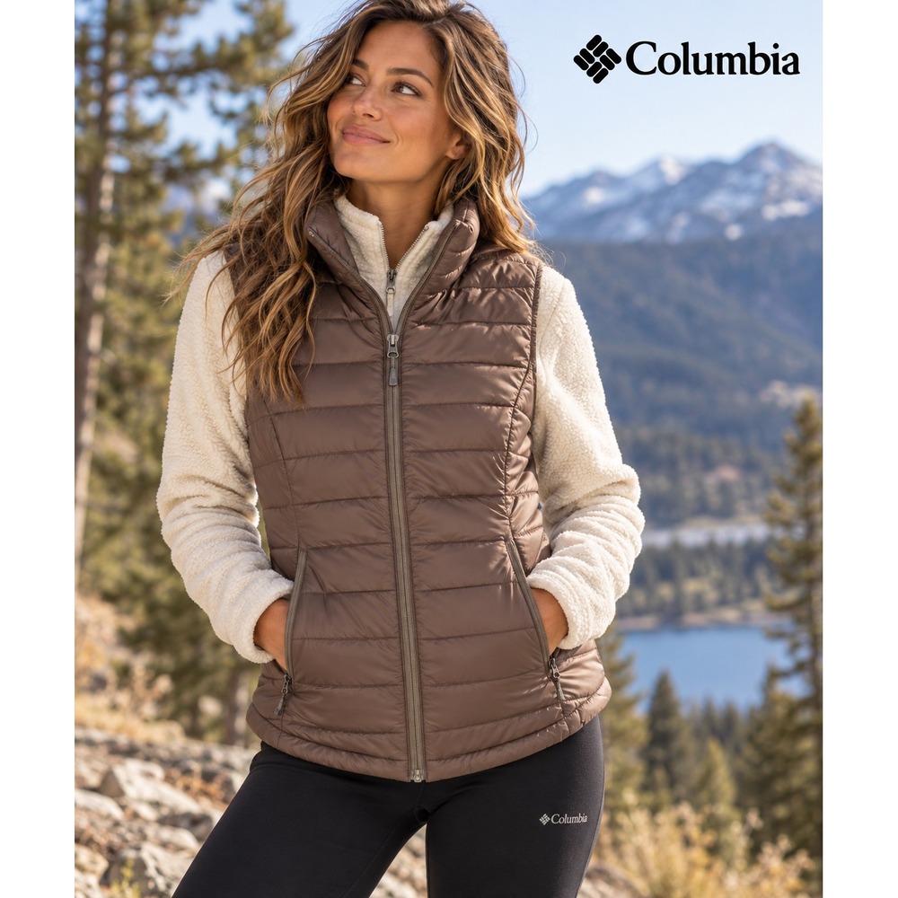 Columbia Women Puffer Vest
Size Small - Metallic Pewter Zip Fleece Lined Collar